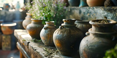 Ancient jars with herbs offer a glimpse into history of alternative medicine. Concept History of Alternative Medicine, Herbal Remedies, Ancient Jars, Healing Herbs, Traditional Therapies
