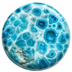 Close-up of a polished Larimar gem with blue and white circles