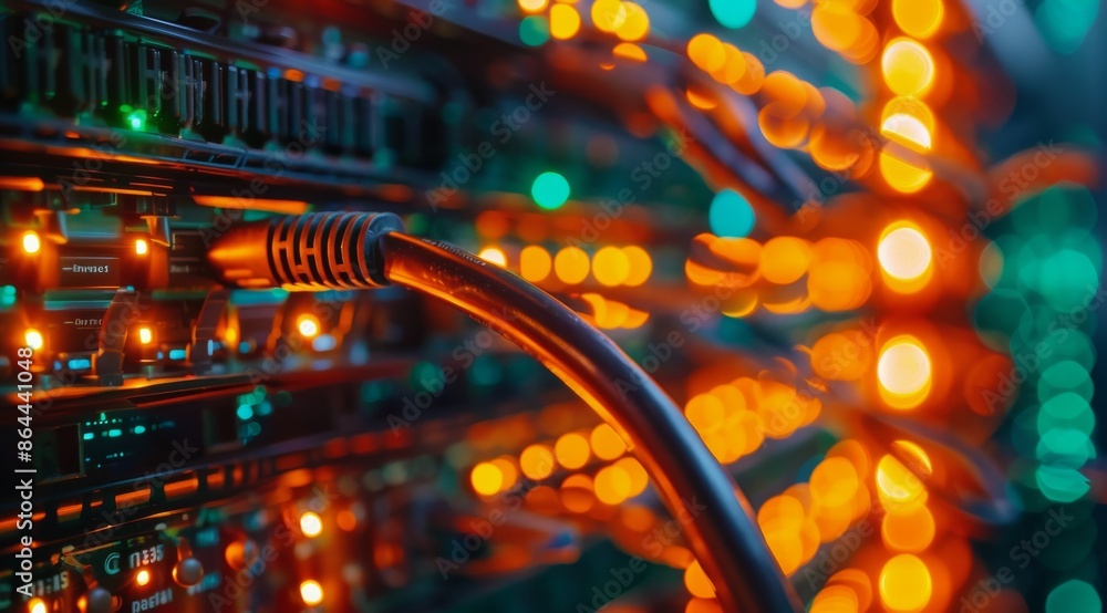 Poster close up of network cable connected to server with illuminated lights