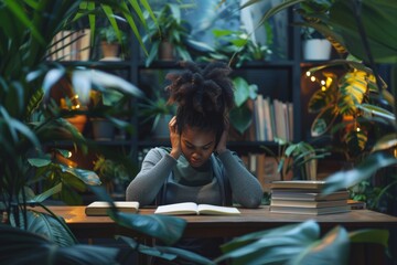 African American Woman Studying Among Lush Indoor Plants