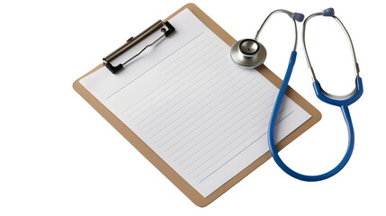 Stethoscope over medical clipboard, PNG file, transparent background, isolated on white