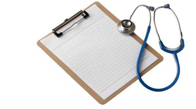 Stethoscope over medical clipboard, PNG file, transparent background, isolated on white