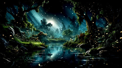 Obraz premium Tropical and exotic night forest,Fairytale forest with mystical magic lights reflected water. Living greenery of the forest.Unreal world