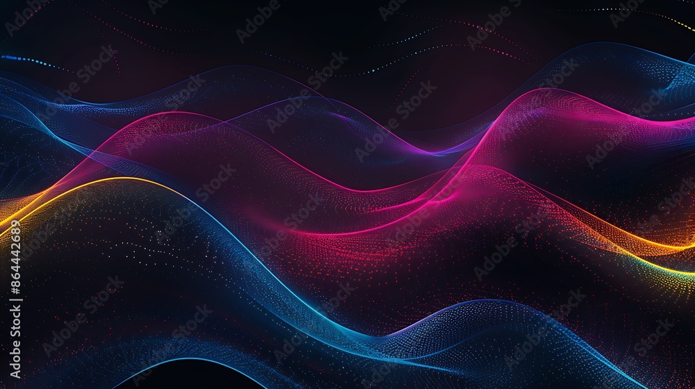 Wall mural Abstract background featuring blue, pink, and yellow glowing grainy gradient color waves on a black backdrop, with a noise texture for a vibrant banner or poster design.
 - Wall murals