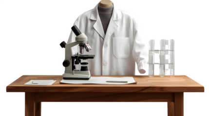 Scientists laboratory setup with microscope and lab equipment, PNG file, transparent background, isolated on white