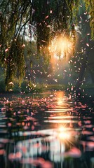 , a weeping willow tree, soft pink petals falling, overlooking a tranquil lake, gentle breeze Realistic, golden hour, depth of field bokeh effect