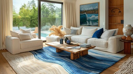 Ocean Waves Rug, cool blues and sandy browns, inspired by the ebb and flow of coastal waters, providing a sense of calm and serenity in any room Photography, backlighting, vignette effect
