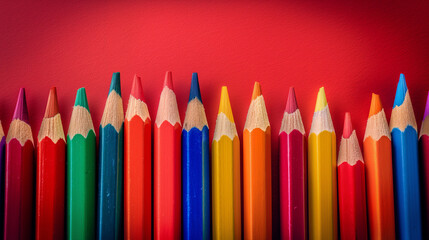 Row of multi-colored pencils on a pink, blue, red and yellow backgrounds