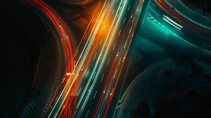 Aerial view of road highway intersection with busy urban traffic speeding on the road. Night time, long exposure photography