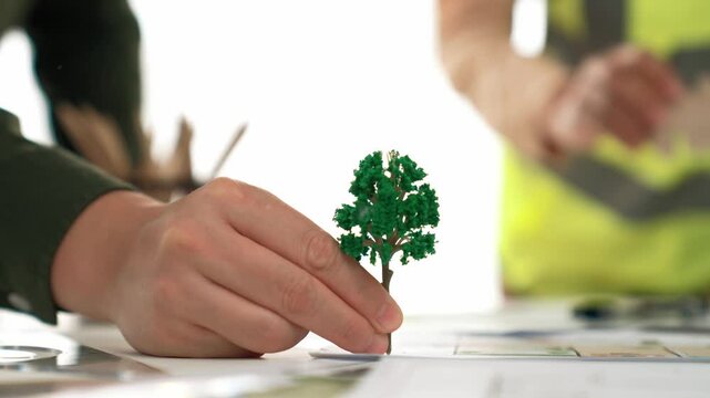 A video of architect using tree and home model to measure blueprint. Architect designing house construction on a table at studio, with architectural plan scattered around. Focus on hand. Delineation.
