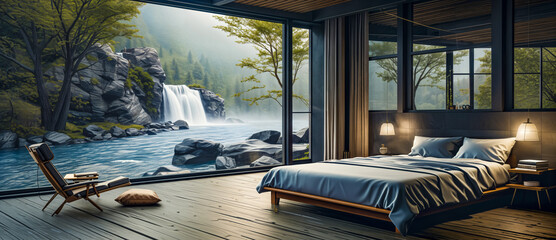 Biophilic Bedroom Design. Modern Bedroom with Large Windows Framing a Stunning Waterfall View. Wellness, Nature Connection, Relaxation Concept.