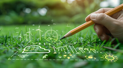 Hand-painted green energy symbols on lush grass convey sustainable business practices, green tech innovations, and eco-friendly workspaces.