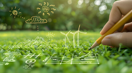 Hand-painted green energy symbols on lush grass convey sustainable business practices, green tech innovations, and eco-friendly workspaces.