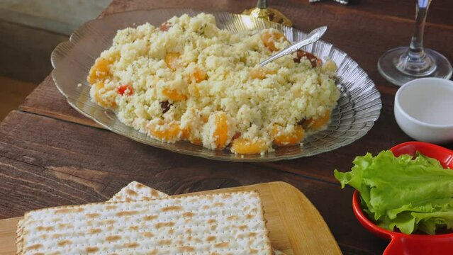 Matzo and kearah on the set table for the Pesach Seder meal