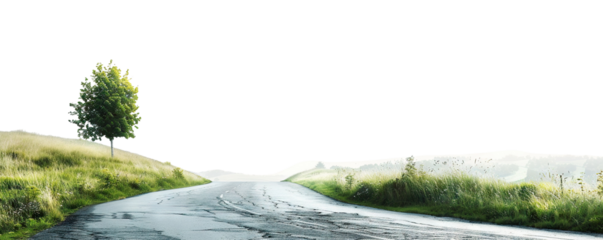 Winding mountain road through grassy hills, cut out