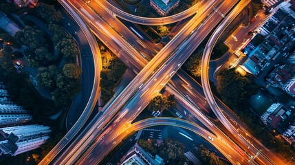 Aerial view of road highway intersection with busy urban traffic speeding on the road. Night time, long exposure photography
