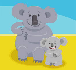 funny cartoon koala mom and baby animal characters