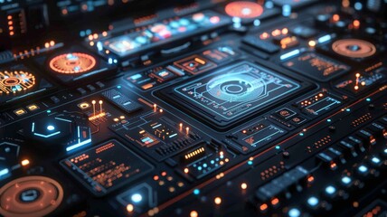 Fototapeta premium Futuristic Digital Interface with Glowing Holographic Displays and Advanced Technology Panels in a High-Tech Control RoomTechnology