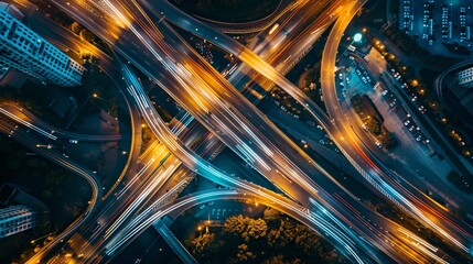 Aerial view of road highway intersection with busy urban traffic speeding on the road. Night time, long exposure photography