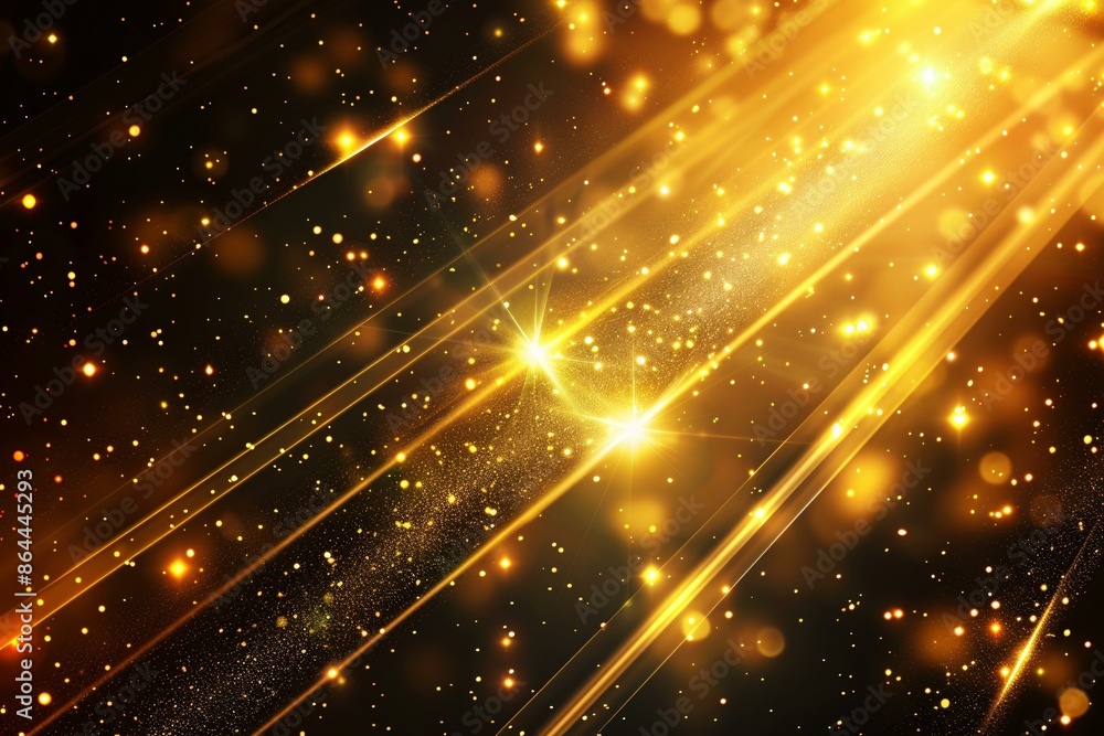 Poster This is a digital abstract image featuring bright golden light beams and sparkles against a dark background, creating a radiant and magical effect.