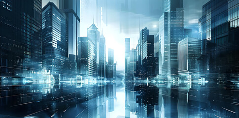 Naklejka premium Sleek and modern cityscape with towering skyscrapers and glass buildings reflecting the blue sky