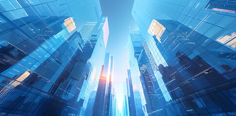 Sleek and modern cityscape with towering skyscrapers and glass buildings reflecting the blue sky