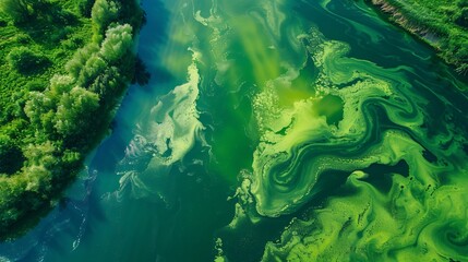 aerial view of blooming algae on green river