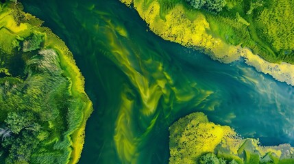 aerial view of blooming algae on green river