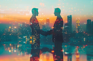 Double exposure of two businessmen shaking hands with a cityscape