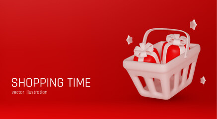 Food basket full of boxes of goods. Shopping cart realistic 3d object. shopping time. Creative concept idea design. Web landing page, banner and poster. vector illustration