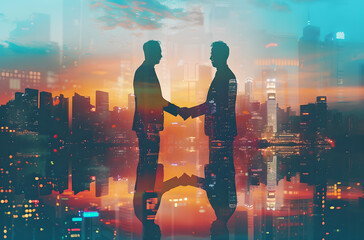 Double exposure of two businessmen shaking hands with a cityscape