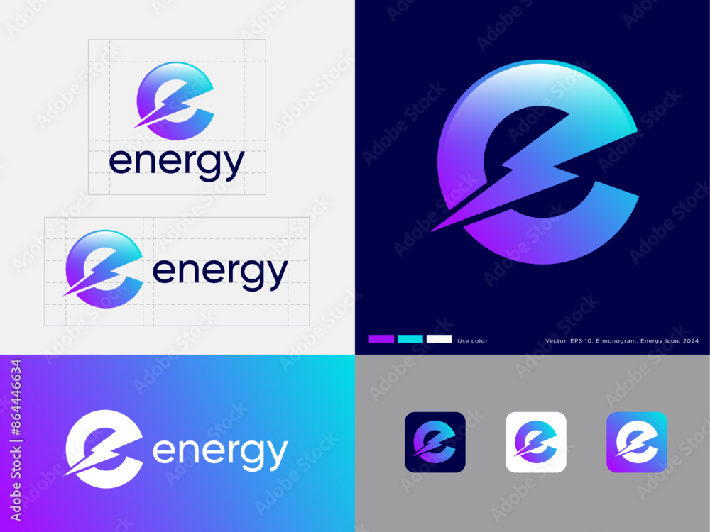 Poster letter e with lightning. e monogram. corporate style, identity. using colors and app icon.