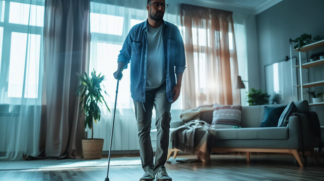 Full length portrait of blind young disabled man in casual clothes with cane walking in the living room at home. Male person with cane indoors. Blindness, disability and vision problems concept