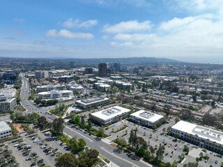 Aerial view of business park with mixed use facility service building and offices in South San Diego, California, USA