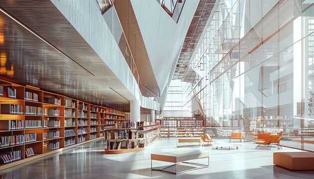 Modern library with colorful seating, sunlight, and wide book collection vibrant space for reading and relaxation AIG59