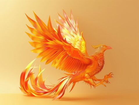 Phoenix bird fire fantasy firebird abstract magic 3D eagle animal. Phoenix bird fire tale character illustration render hawk fairy wings graphic feather gold background fenix logo icon red art pheonix