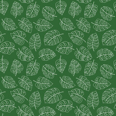 Line art doodle hand drawn white lined monstera plant leaves as summer botanical seamless pattern on green background.Print fabric, cards, invitations