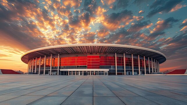 Exterior of a modern stadium at sunset, nobody