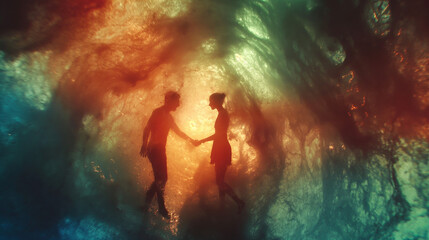 Fototapeta premium Silhouetted couple in a colorful, mystical, ethereal environment. Meeting entities in the astral realm.