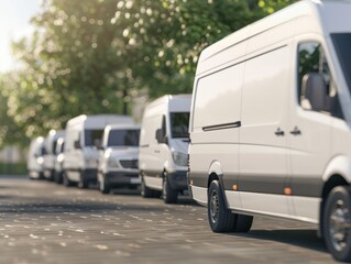 Row of white commercial delivery vans parked, transporting service company with text space