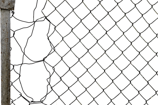 The texture of the metal mesh on a white background. Torn steel, metal mesh with holes