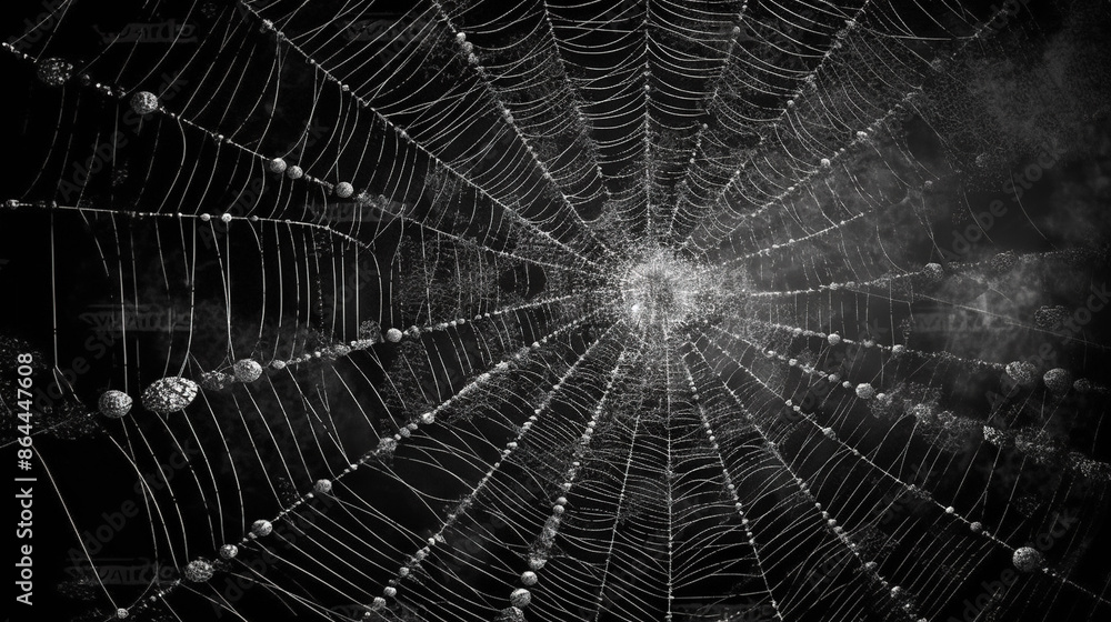 Poster Abstract fractal sipder web on dark background with grungy ornament of broken moody web and particles.