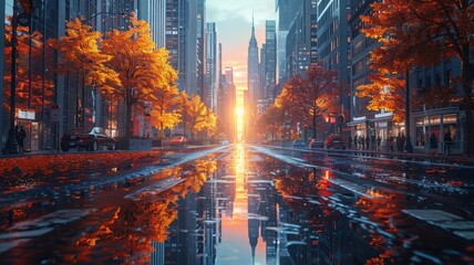 Urban cityscape during autumn sunset with vibrant orange trees lining skyscraper street reflecting in a puddle after rainautumn