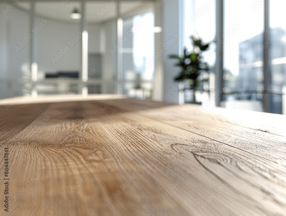 Poster The close up picture of the empty table that has been made from the wood material and placed inside the bright office, an office is designated space within a building where work is performed. AIGX02.