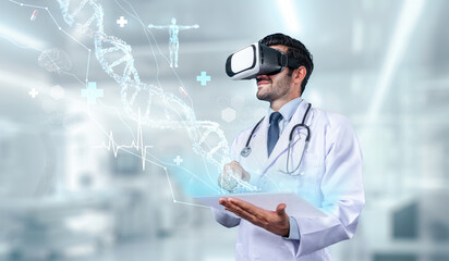 Skilled doctor using VR goggles and research about genetic while standing at lab. Professional...