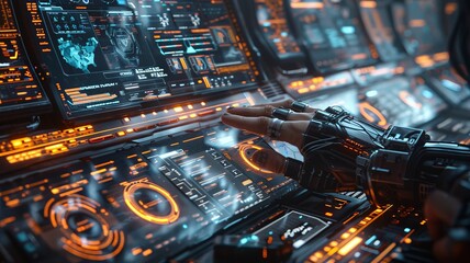 Fototapeta premium Futuristic Control Panel with Advanced Holographic Displays Operated by a Cybernetic Arm in a Sci-Fi Environment Enhanced with Neon Glows and High Tech GraphicsFuturistic