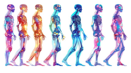 Evolution of human anatomy depicted through colorful, luminescent skeletal and muscular structures walking in sequence.