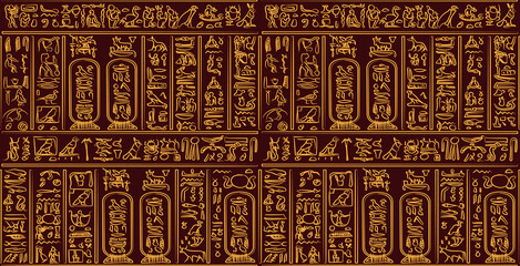 Golden ancient egyptian hieroglyphs alphabet pattern over dark wine background. Ancient egyptian and ancient culture concept
