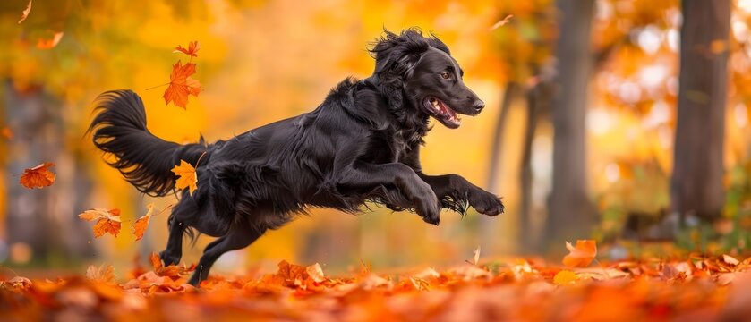 Lively black flat-coated retriever playing in urban park during autumn