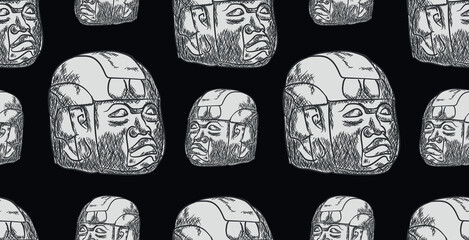 Beautiful hand drawing of Olmeca indigenous culture giant head seamless pattern over dark background